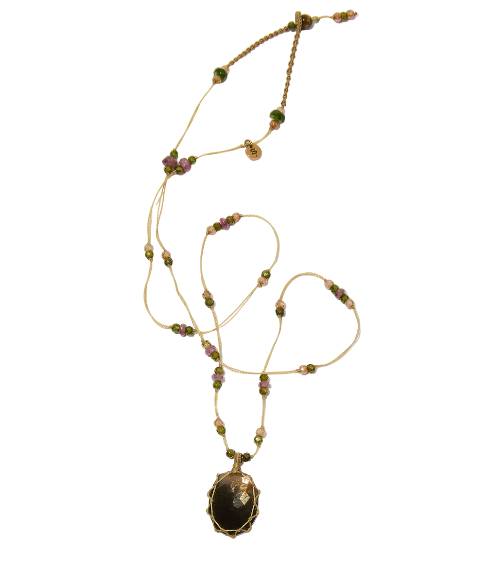 Collier Court Tibétain - Moonstone Fire - Mix Tourmaline - Fil Beige