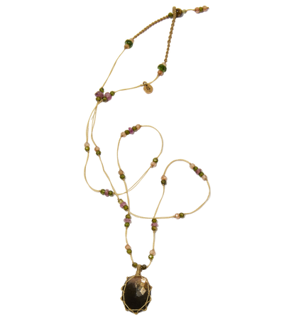 Collier Court Tibétain - Moonstone Fire - Mix Tourmaline - Fil Beige