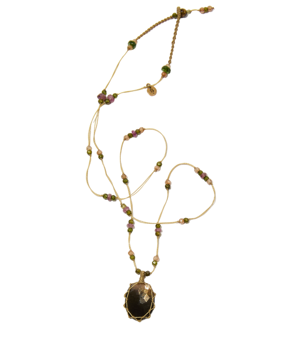 Collier Court Tibétain - Moonstone Fire - Mix Tourmaline - Fil Beige