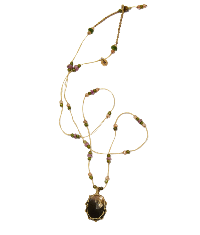 Collier Court Tibétain - Moonstone Fire - Mix Tourmaline - Fil Beige