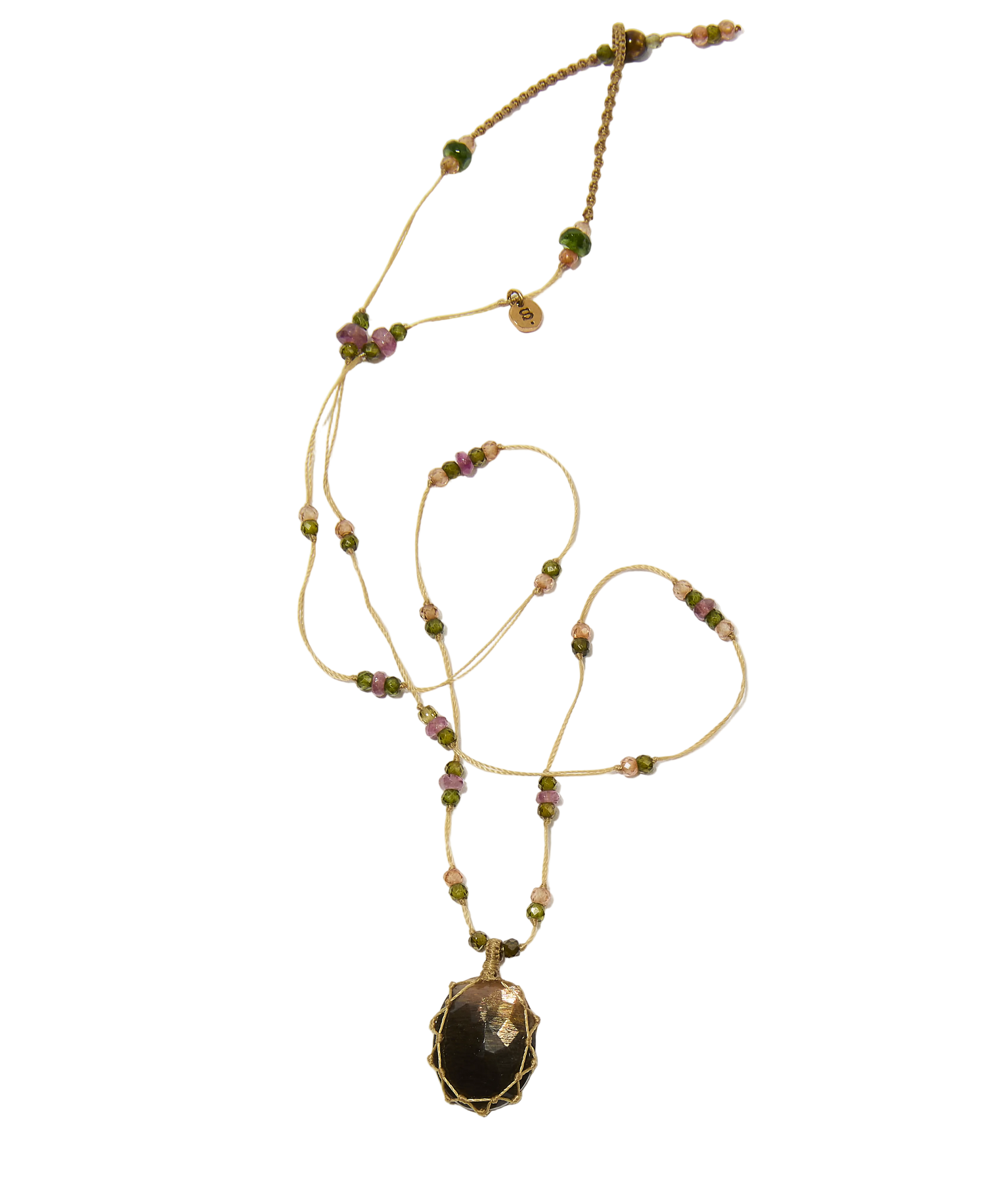 Collier Court Tibétain - Moonstone Fire - Mix Tourmaline - Fil Beige