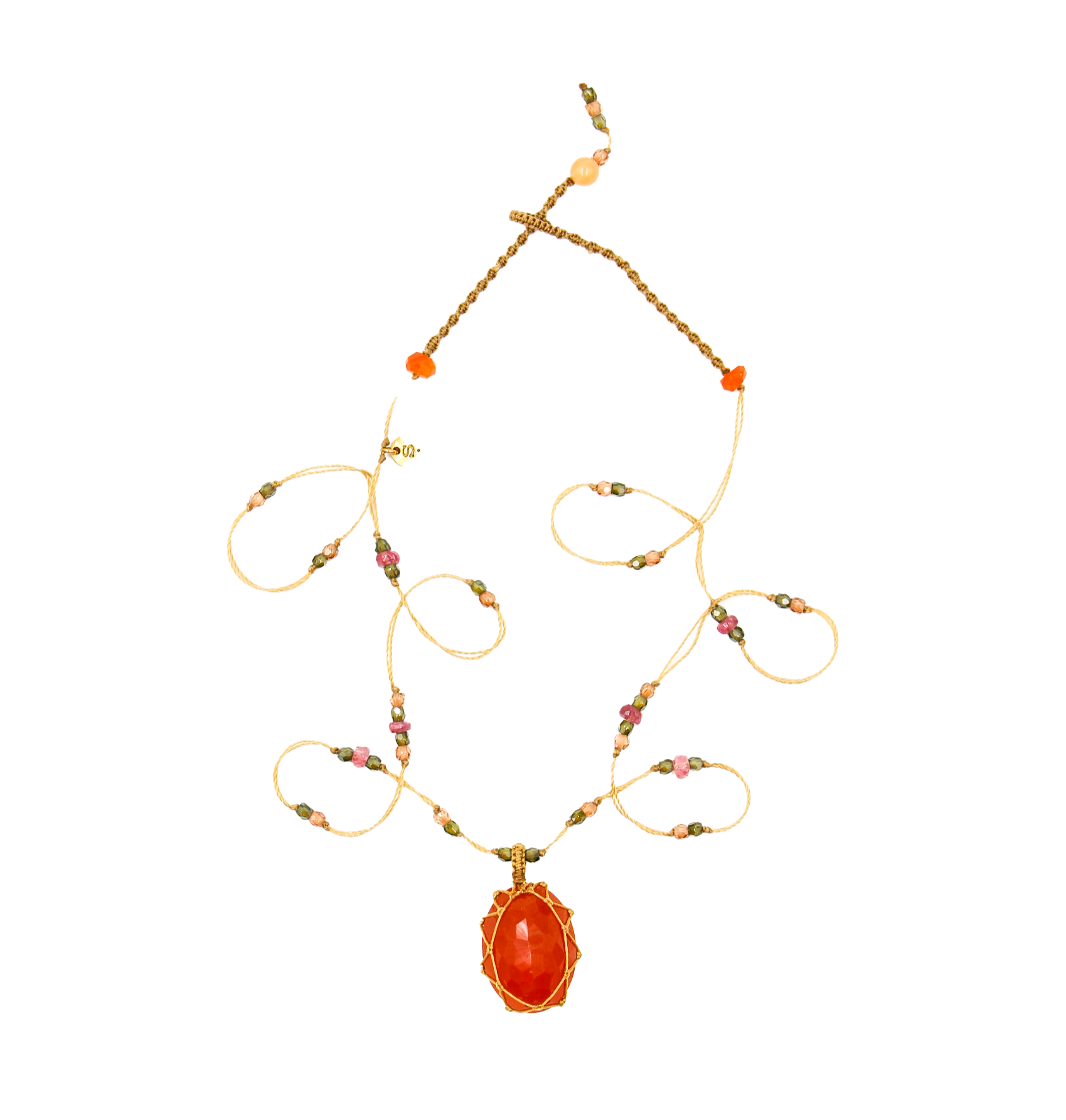 Tibetan Short Necklace - Orange Onyx - Mix Pink Tourmaline - Beige Thread