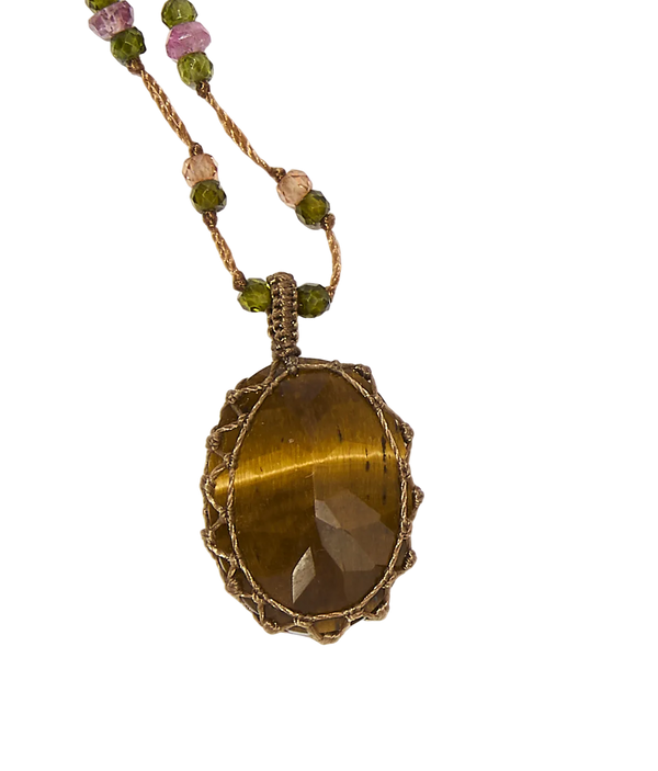 Collier court tibétain - Oeil de Tigre - Mix Tourmaline Rose - Fil Beige