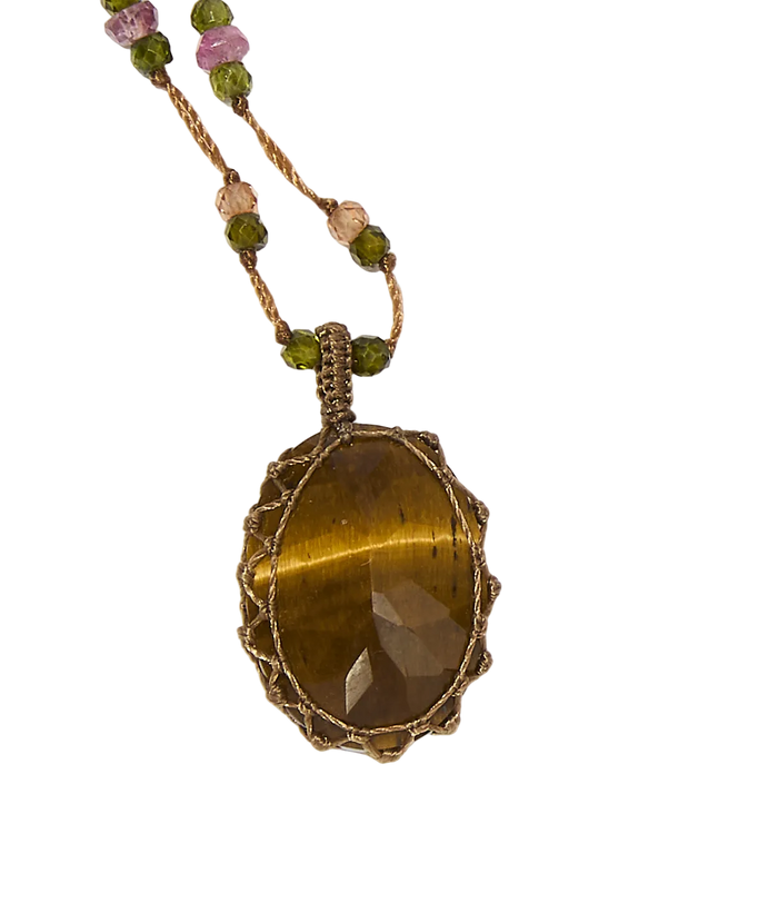 Collier court tibétain - Oeil de Tigre - Mix Tourmaline Rose - Fil Beige