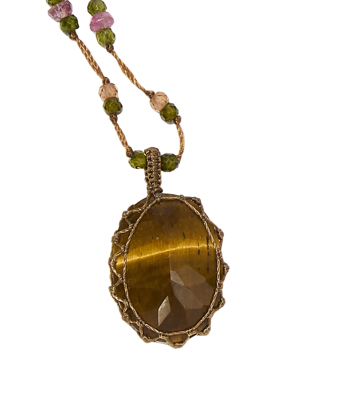 Collier court tibétain - Oeil de Tigre - Mix Tourmaline Rose - Fil Beige
