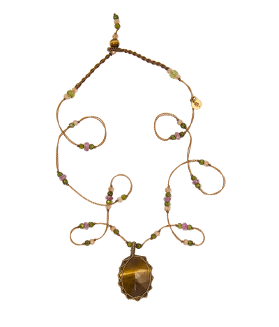Collier court tibétain - Oeil de Tigre - Mix Tourmaline Rose - Fil Beige