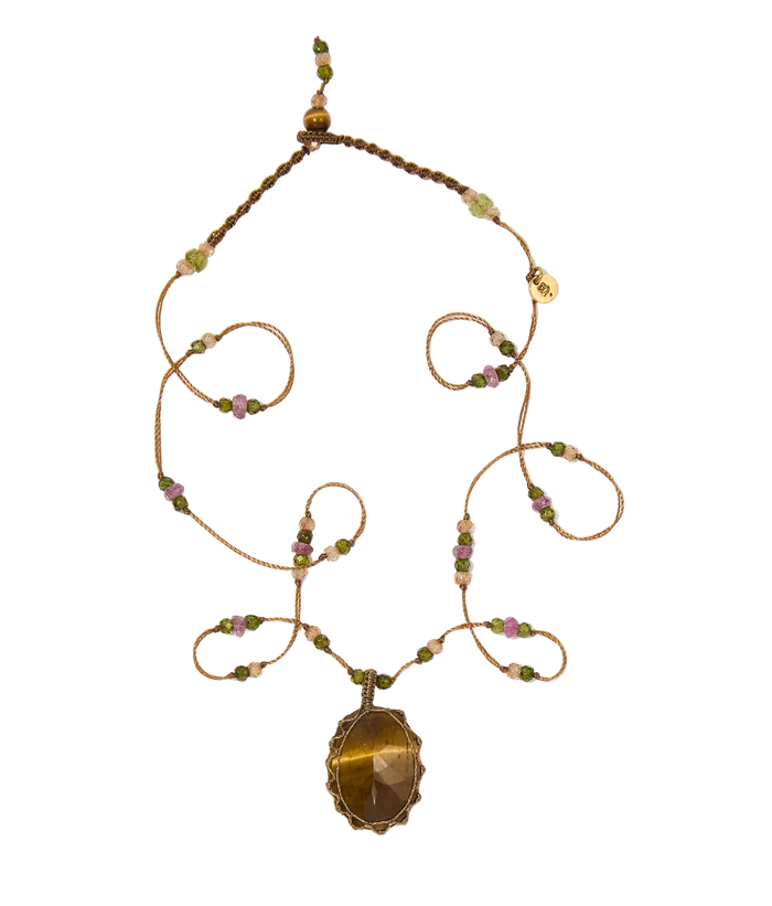 Collier court tibétain - Oeil de Tigre - Mix Tourmaline Rose - Fil Beige