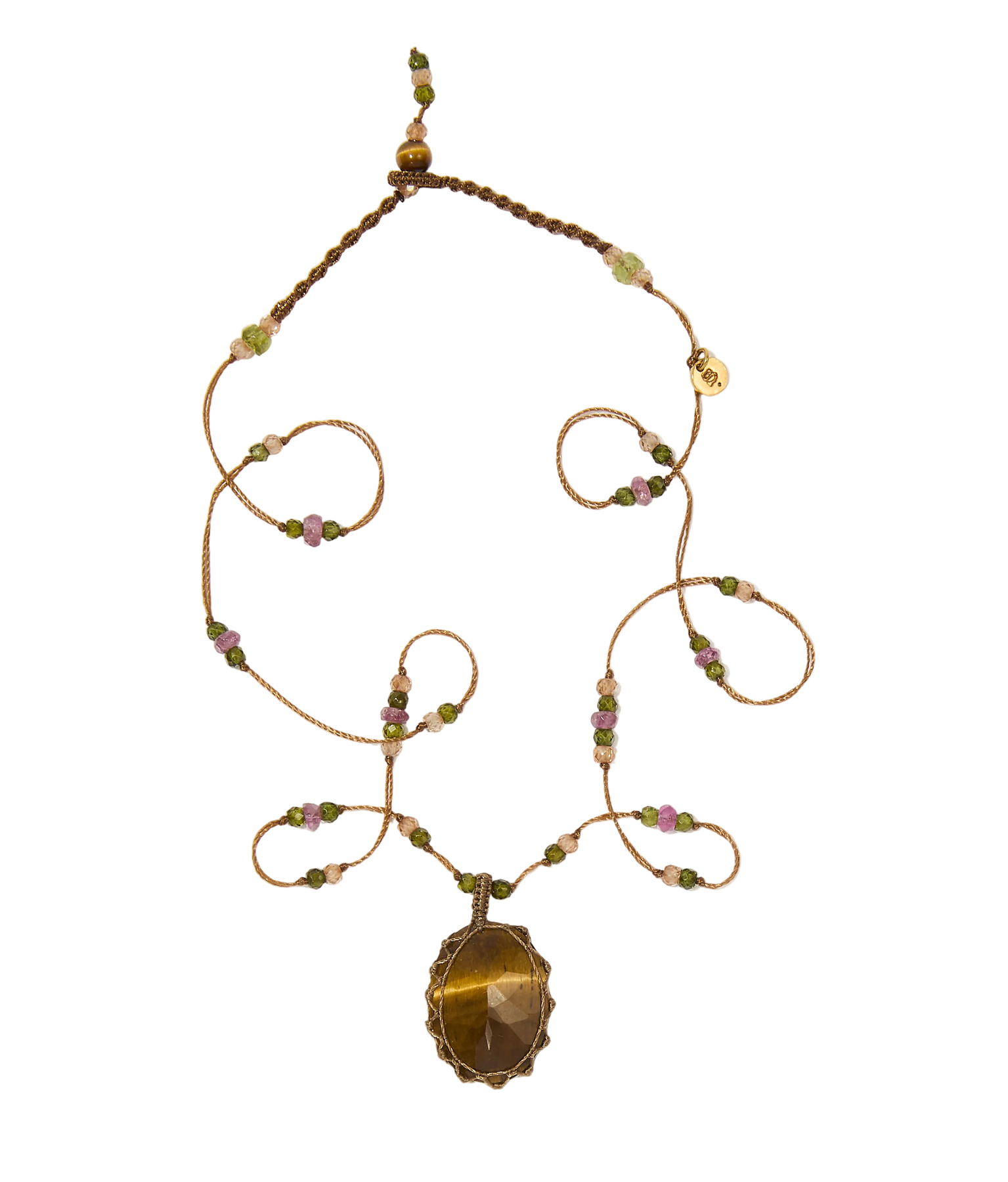 Collier court tibétain - Oeil de Tigre - Mix Tourmaline Rose - Fil Beige