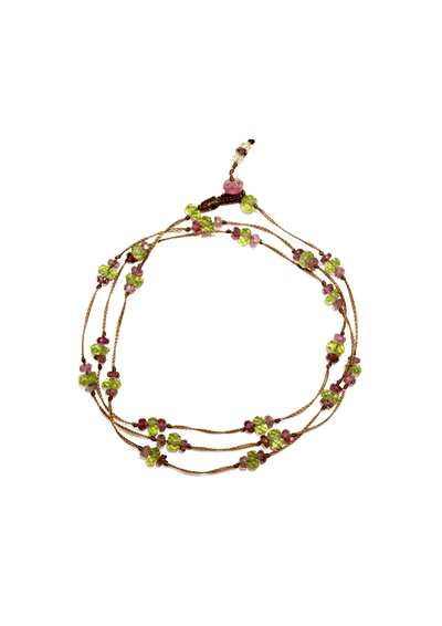 Collier & Bracelet Loopy Duo - Peridot & Rosa-Turmalin - Tabakfarbenes Band