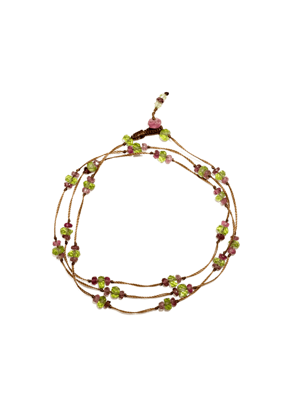 Collier & Bracelet Loopy Duo - Péridot & Tourmaline Rose - Fil Tabac
