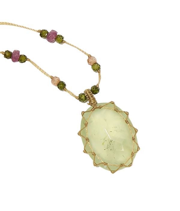 Collier Court Tibétain - Prehnite - Mix Tourmaline - Fil Beige