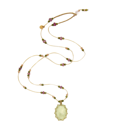 Collier Court Tibétain - Prehnite - Mix Tourmaline - Fil Beige