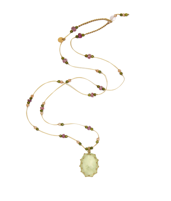 Collier Court Tibétain - Prehnite - Mix Tourmaline - Fil Beige