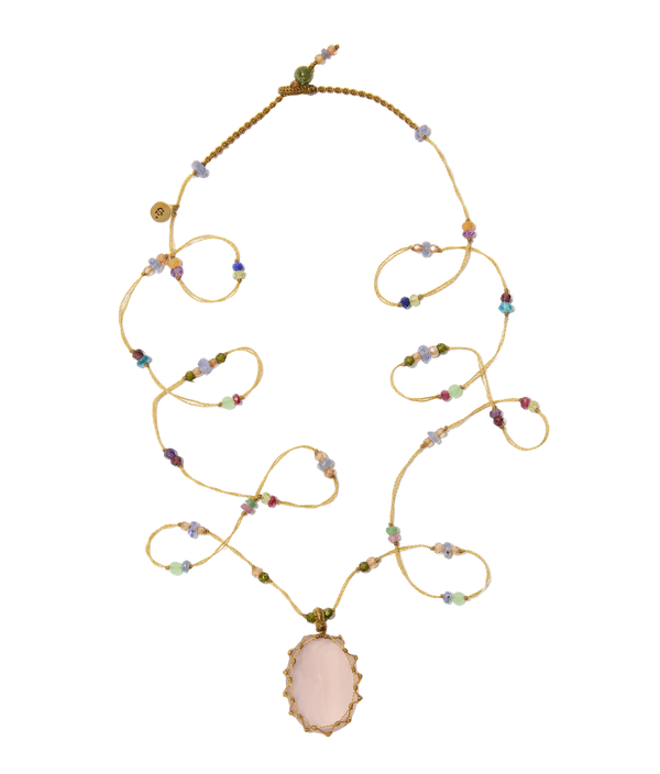 Sautoir Tibétain - Quartz Rose - Mix Multipierres - Fil Beige