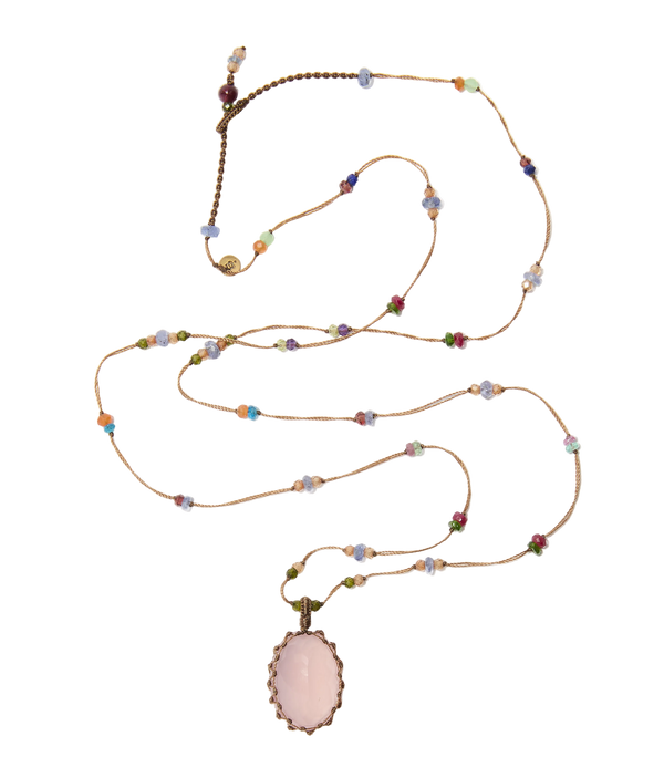 Sautoir Tibétain - Quartz Rose - Mix Multipierres - Fil Beige
