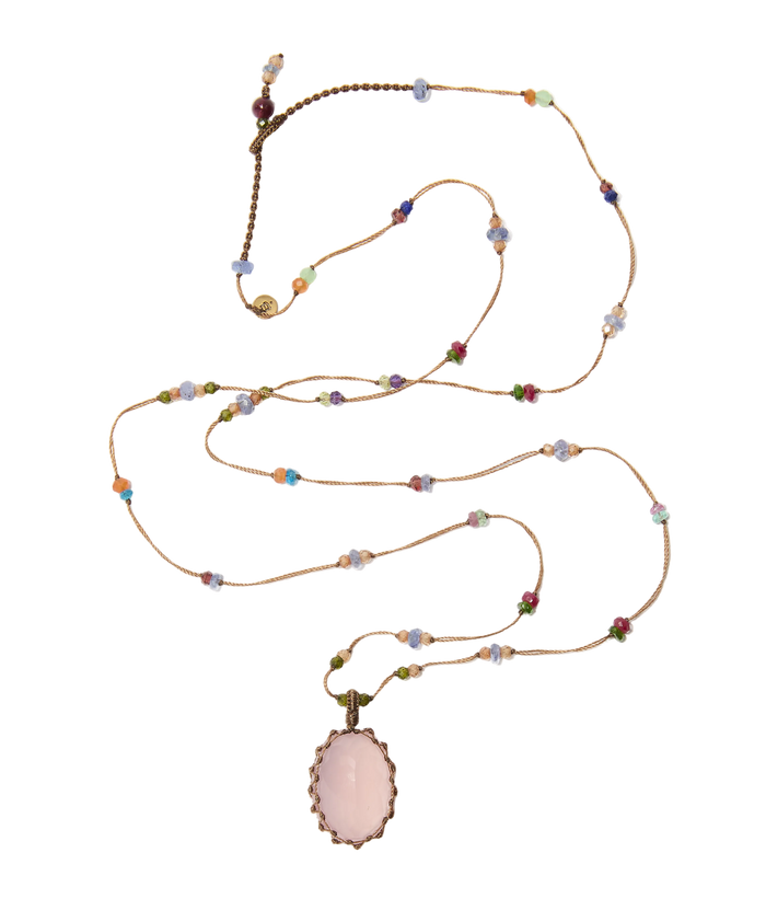 Sautoir Tibétain - Quartz Rose - Mix Multipierres - Fil Beige