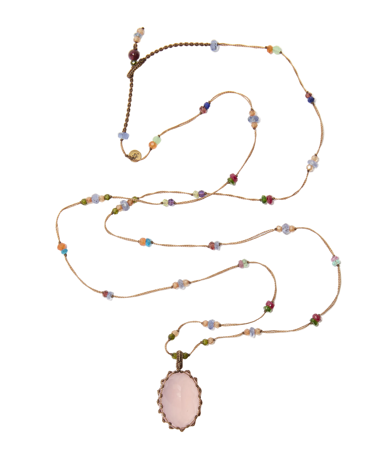 Sautoir Tibétain - Quartz Rose - Mix Multipierres - Fil Beige