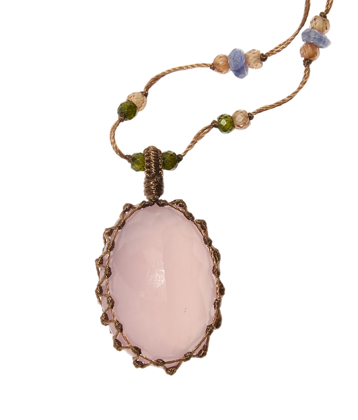 Sautoir Tibétain - Quartz Rose - Mix Multipierres - Fil Beige
