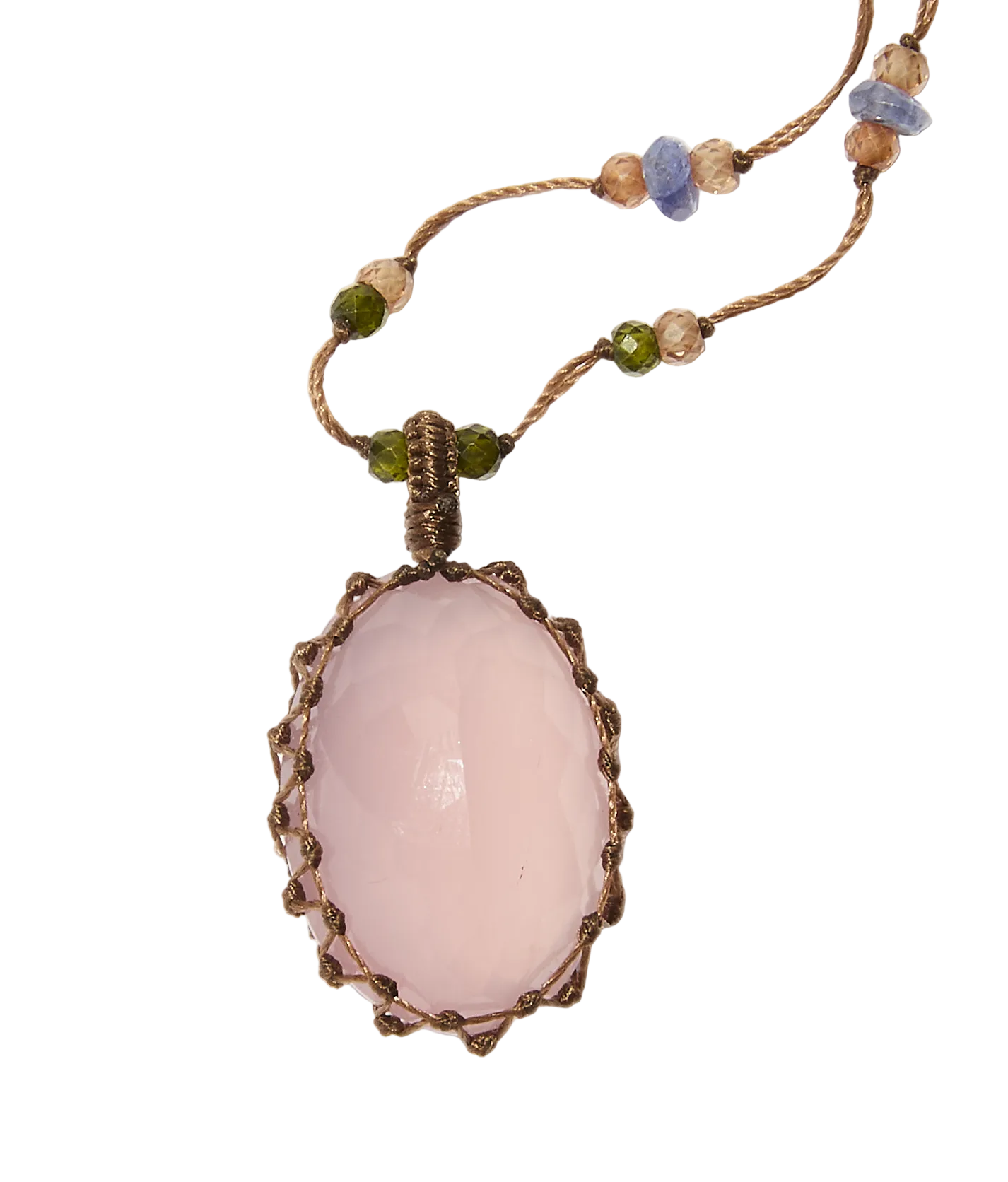 Sautoir Tibétain - Quartz Rose - Mix Multipierres - Fil Beige