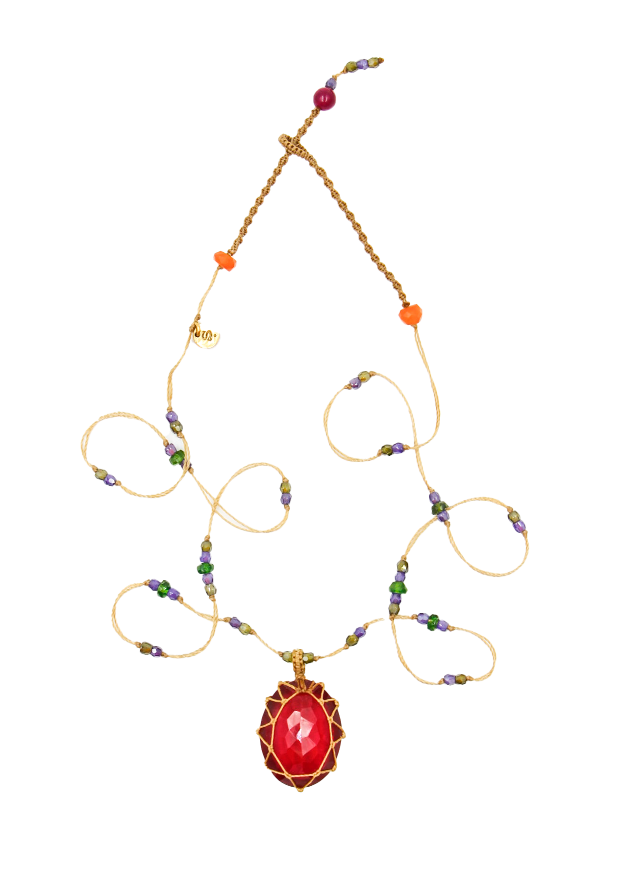 Tibetan Short Necklace - Red Indian Glass - Mix Tsavorite - Beige Thread