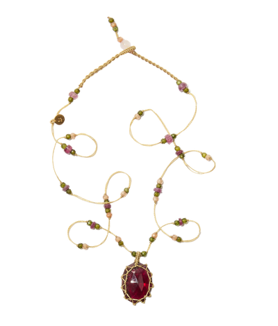 [FW26-15104] Collana corta tibetana - Rodolite - Mix di tormalina rosa - Filo beige