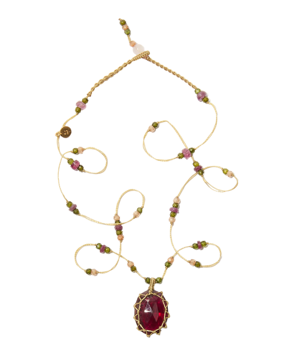 Collier court tibétain - Rhodolite - Mix Tourmaline Rose - Fil Beige