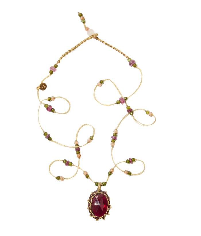 Short Tibetan Necklace - Rhodolite - Pink Tourmaline Mix - Beige Thread