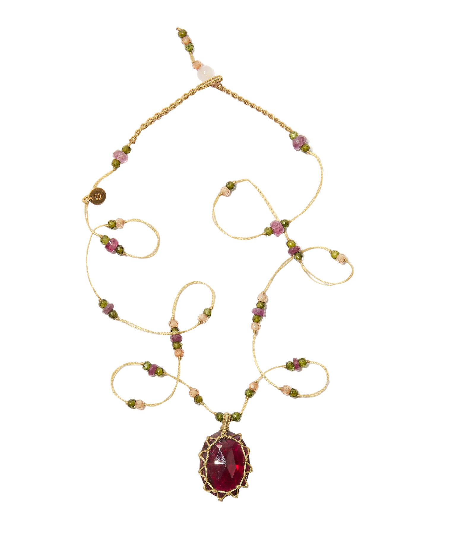 Short Tibetan Necklace - Rhodolite - Pink Tourmaline Mix - Beige Thread
