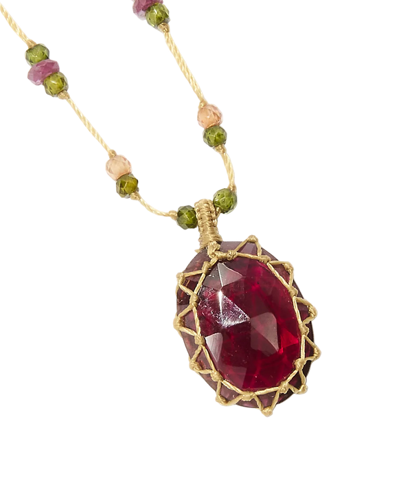 Collier court tibétain - Rhodolite - Mix Tourmaline Rose - Fil Beige