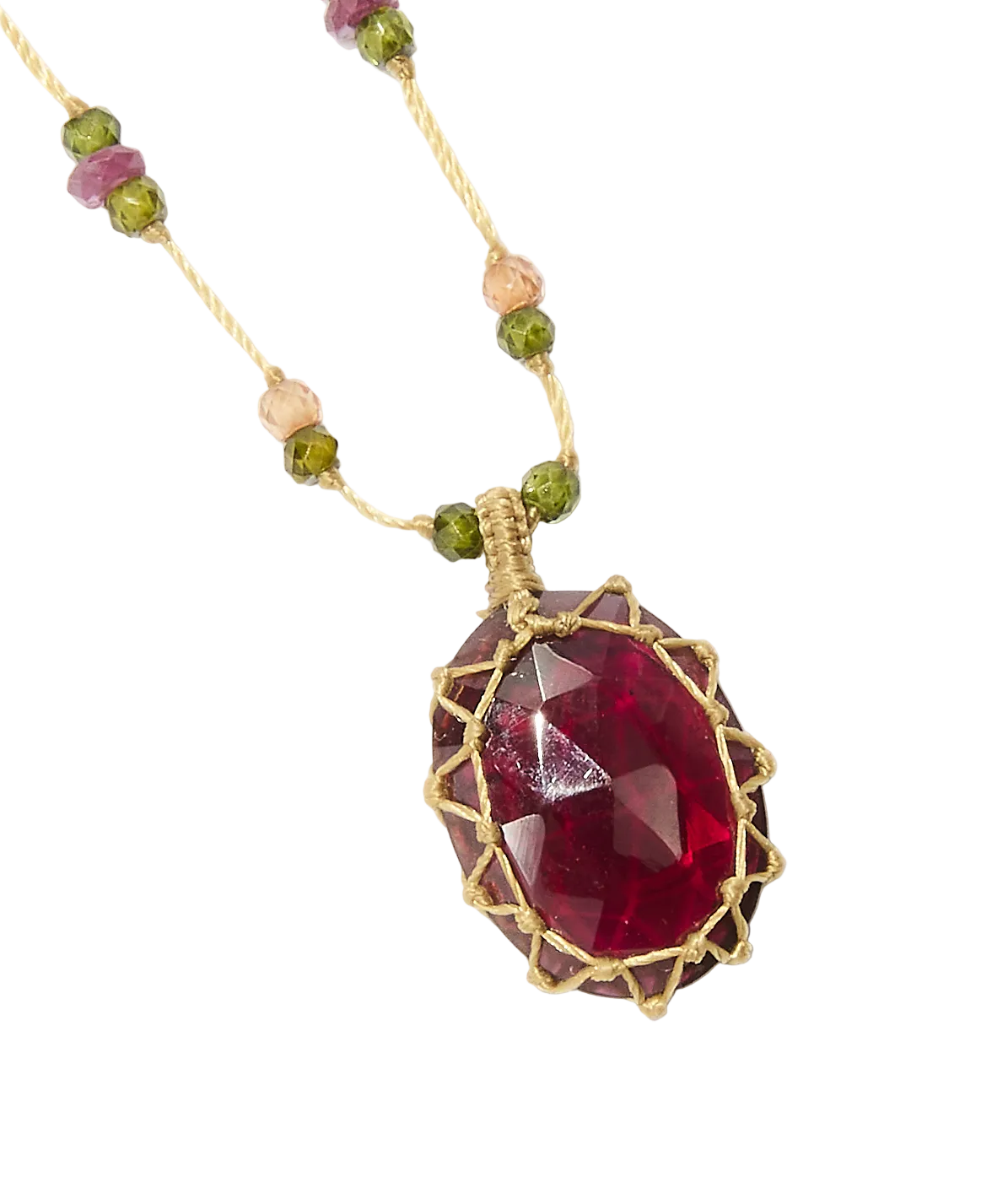 Short Tibetan Necklace - Rhodolite - Pink Tourmaline Mix - Beige Thread