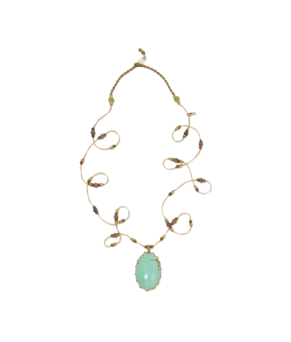 Sautoir Tibétain - Turquoise - Mix Tourmaline Rose - Fil Beige