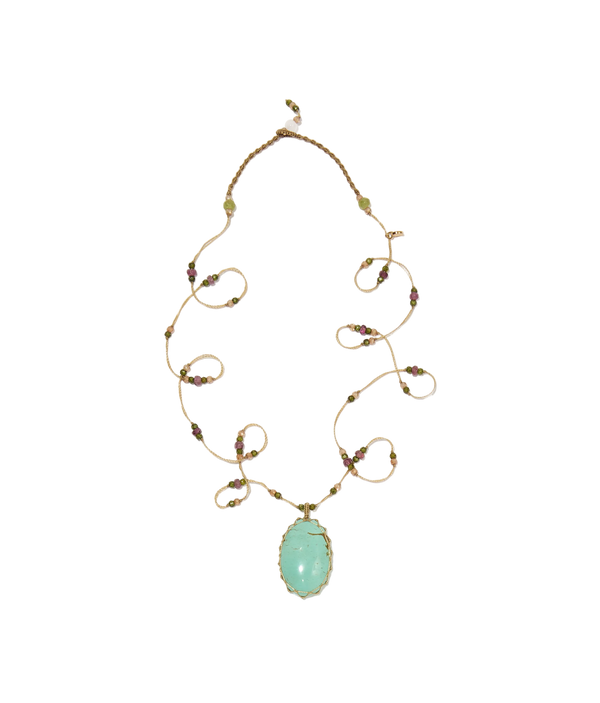 Sautoir Tibétain - Turquoise - Mix Tourmaline Rose - Fil Beige