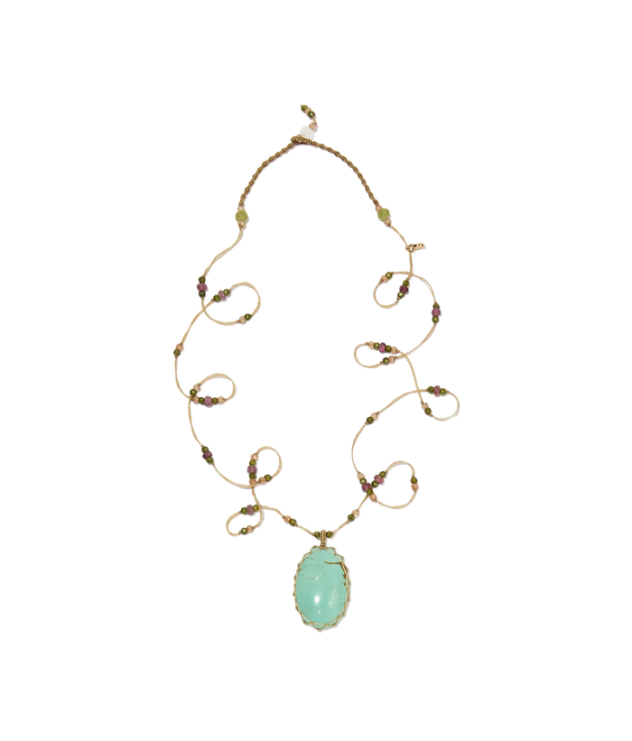 Sautoir Tibétain - Turquoise - Mix Tourmaline Rose - Fil Beige
