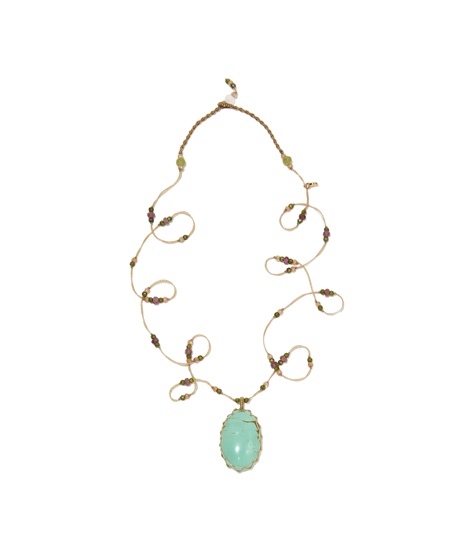 Sautoir Tibétain - Turquoise - Mix Tourmaline Rose - Fil Beige
