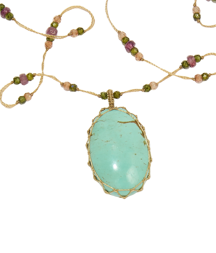 Sautoir Tibétain - Turquoise - Mix Tourmaline Rose - Fil Beige