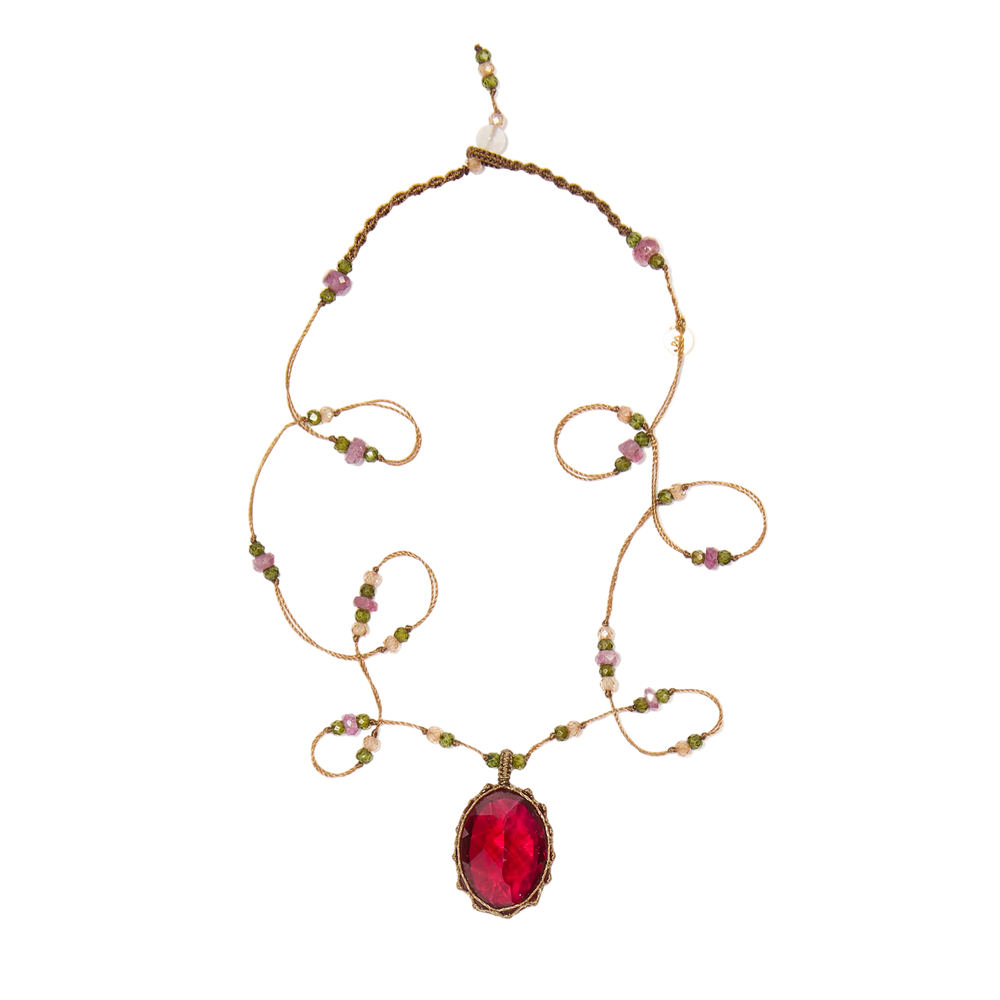 Collier court tibétain - Indian Glass Red - Mix Tourmaline Rose - Fil Tabac