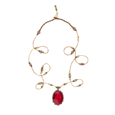 Collier court tibétain - Indian Glass Red - Mix Tourmaline Rose - Fil Tabac