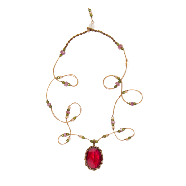 Collier court tibétain - Indian Glass Red - Mix Tourmaline Rose - Fil Tabac
