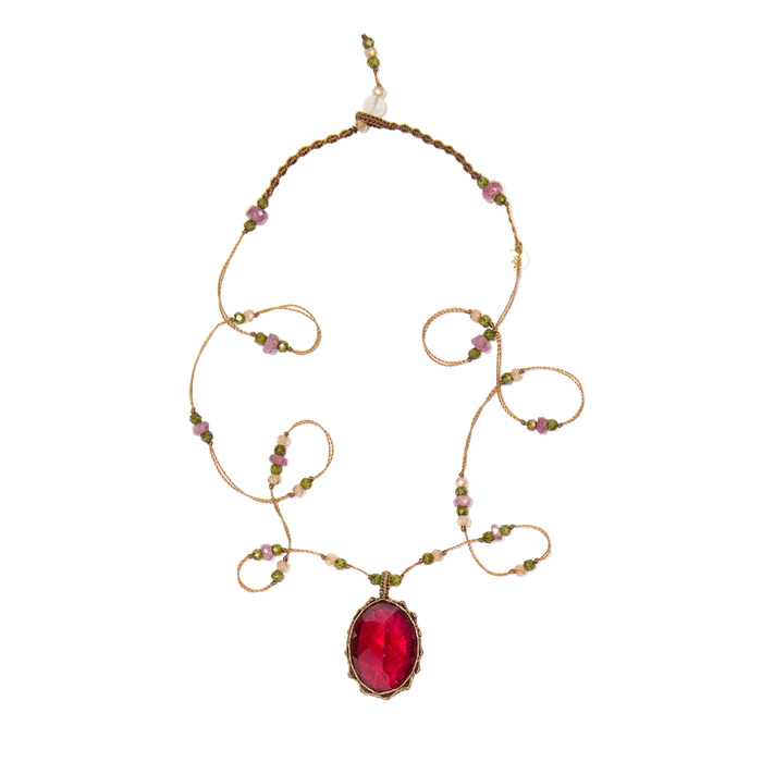 Collier court tibétain - Indian Glass Red - Mix Tourmaline Rose - Fil Tabac