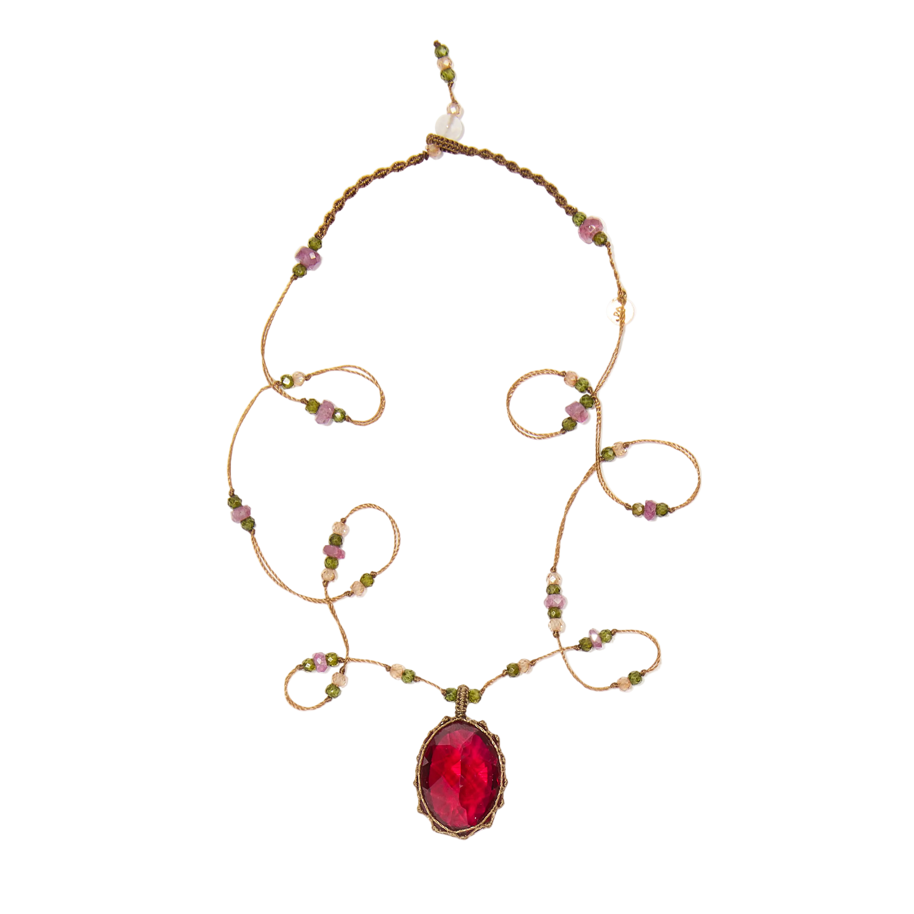 Collier court tibétain - Indian Glass Red - Mix Tourmaline Rose - Fil Tabac