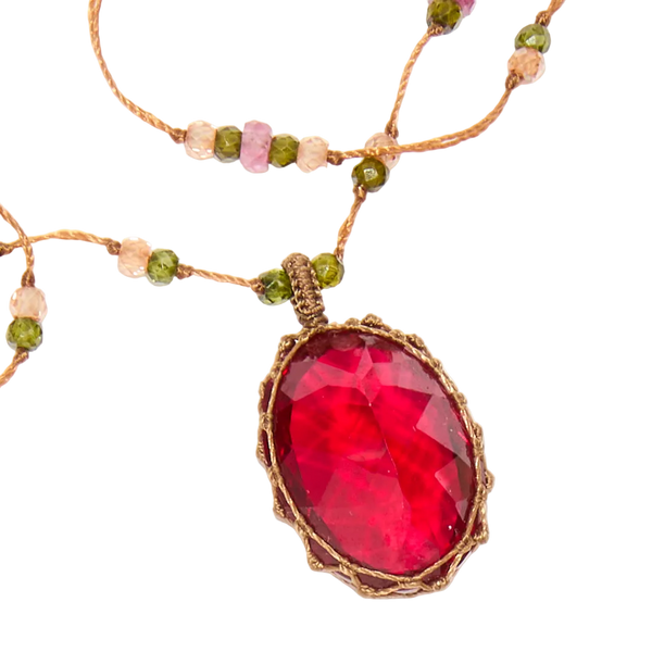 Collier court tibétain - Indian Glass Red - Mix Tourmaline Rose - Fil Tabac