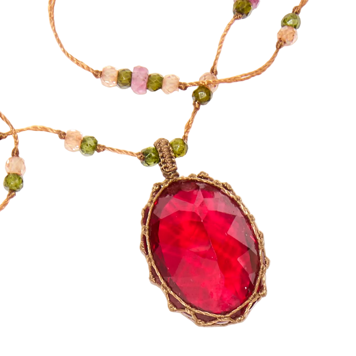 Collier court tibétain - Indian Glass Red - Mix Tourmaline Rose - Fil Tabac