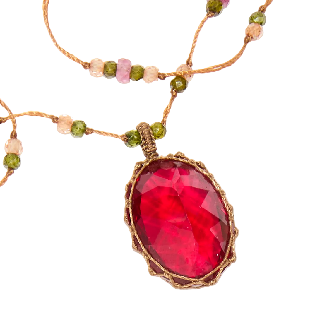 Collier court tibétain - Indian Glass Red - Mix Tourmaline Rose - Fil Tabac