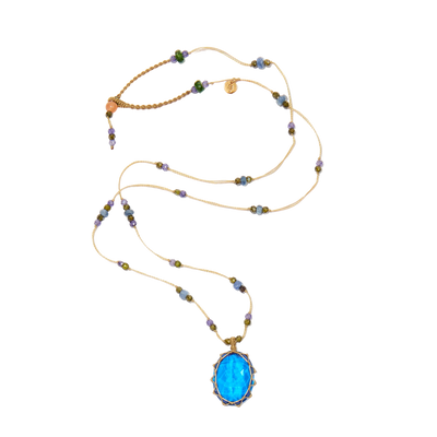 Collier court tibétain - Dublet Tanzanite - Mix Saphir & Zircons violets - Fil Beige