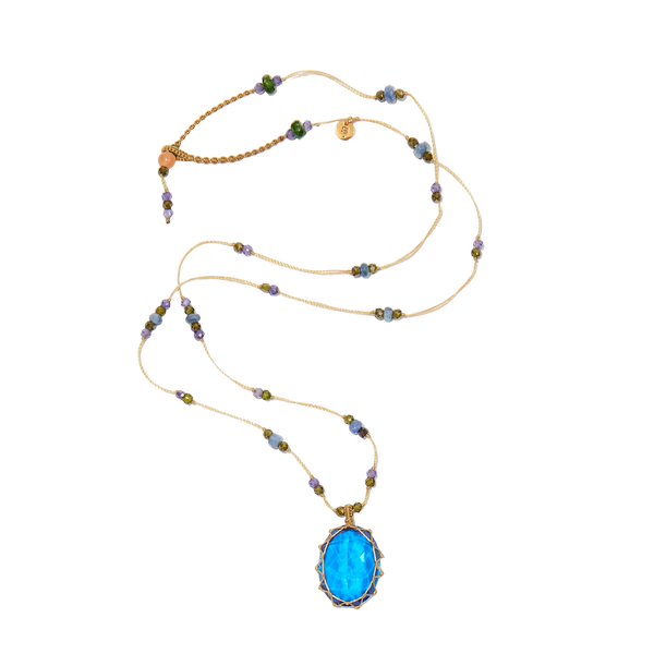 Collier court tibétain - Dublet Tanzanite - Mix Saphir & Zircons violets - Fil Beige