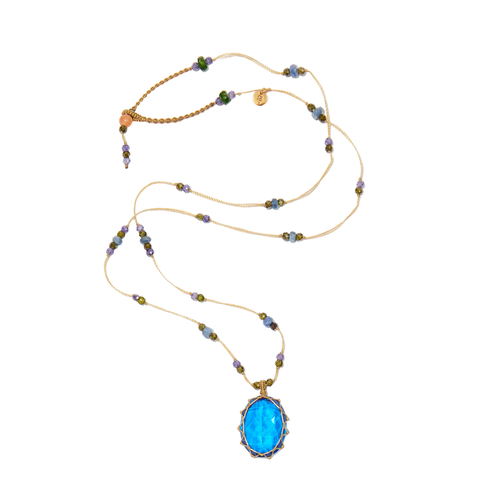 Collier court tibétain - Dublet Tanzanite - Mix Saphir & Zircons violets - Fil Beige