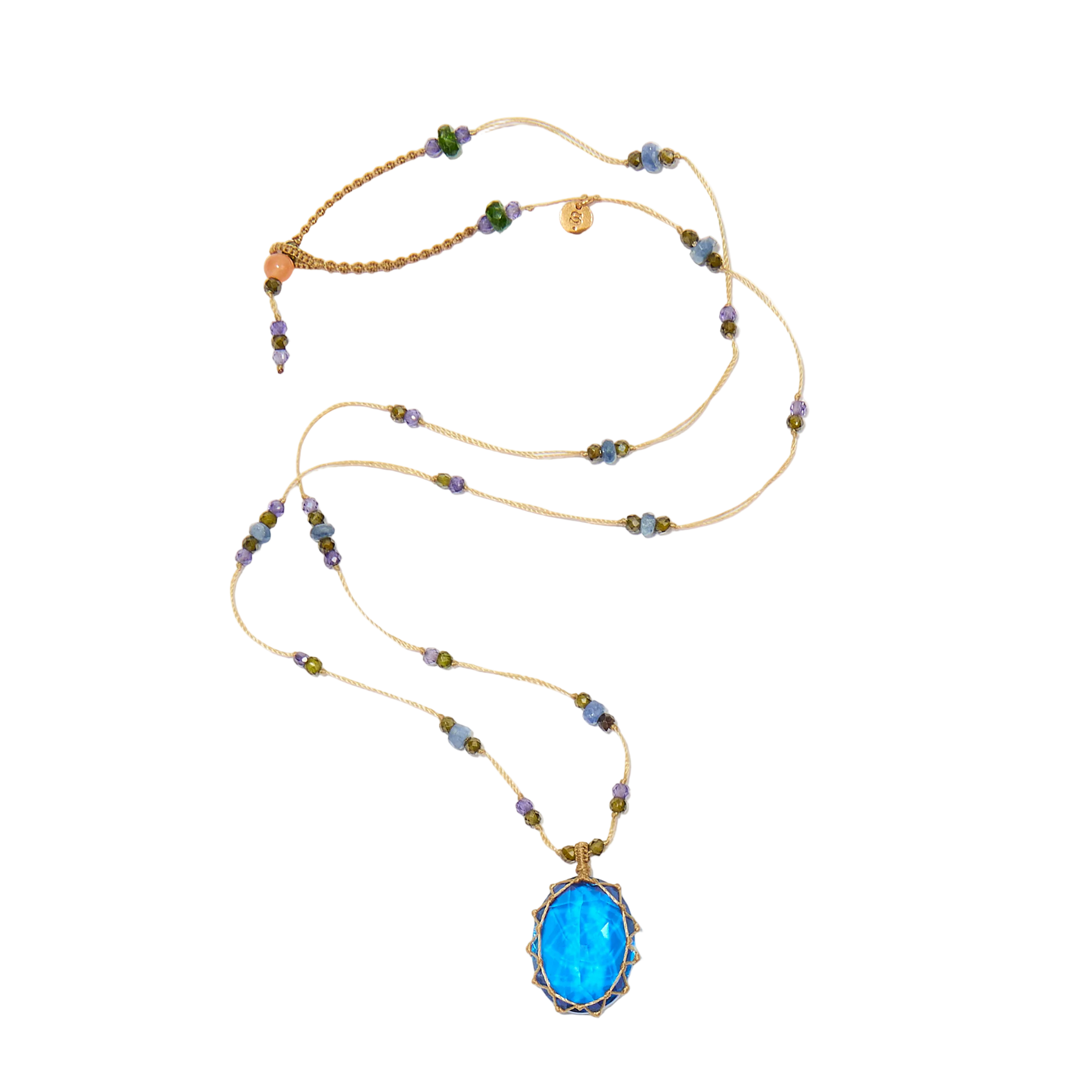 Collier court tibétain - Dublet Tanzanite - Mix Saphir & Zircons violets - Fil Beige