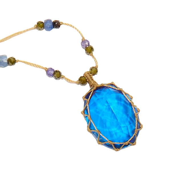 Collier court tibétain - Dublet Tanzanite - Mix Saphir & Zircons violets - Fil Beige