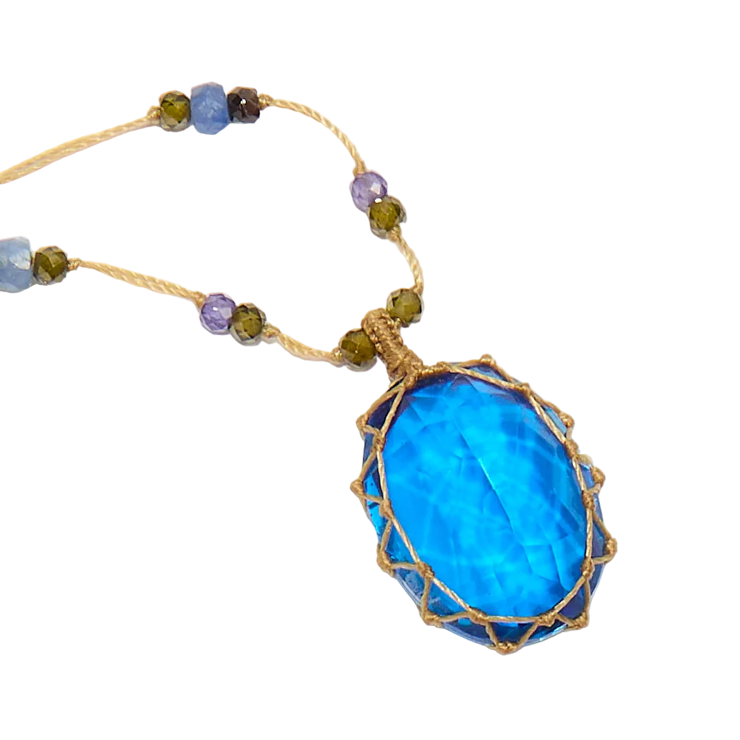 Collier court tibétain - Dublet Tanzanite - Mix Saphir & Zircons violets - Fil Beige