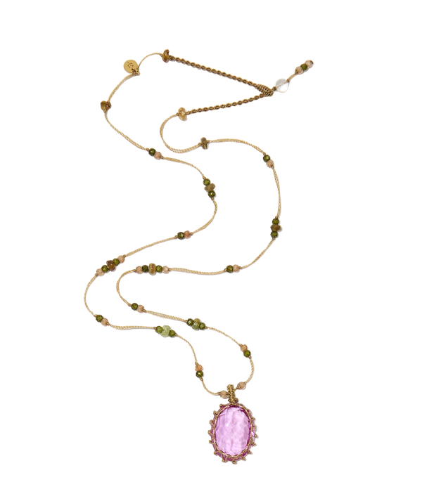 Collier court tibétain - Indian Glass Pink - Mix Tourmalines - Fil Beige